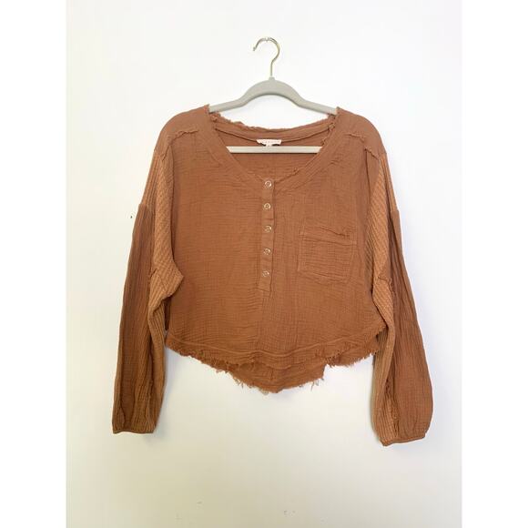 Promesa Brown Cropped Top M Boho Frayed Hem Waffle Oversize Casual Festival Fall - Picture 1 of 10